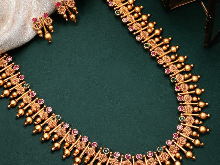 Rubans Gold-Plated Pink & Green Stone Studded Handcrafted Temple Jewellery Set Hot on Sale