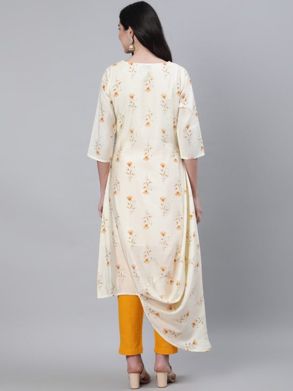 Jaipur Kurti Women Mustard Yellow Floral Embellished Flared Sleeves Chanderi Silk Chanderi Silk Kurta For Cheap