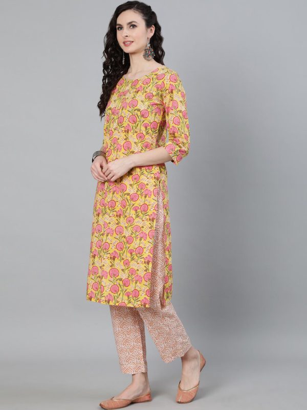 Jaipur Kurti Women Yellow Ethnic Motifs Printed Regular Pure Cotton Kurta with Trousers & With Dupatta Online Sale