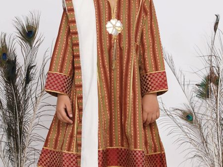 Little Bansi Girls Cotton Kurta frock with Sharara & Dupatta - Brown & Cream For Sale