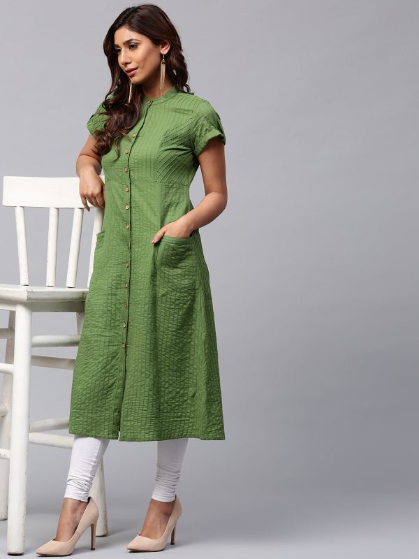 Jaipur Kurti Women Green Self-Striped A-Line Kurta Online now