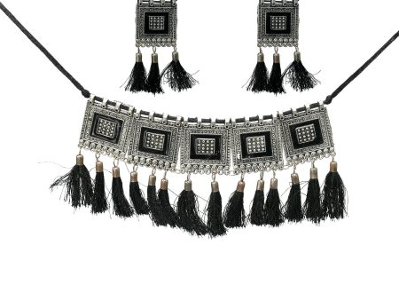 Mominos Fashion Johar Kamal Oxidised Silver-Plated Brass Finish Tassel Work Handicraft Choker For Women (Black) on Sale