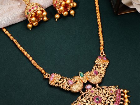 Rubans 22K Gold-Plated Red & Green Stone-Studded Handcrafted Temple Jewellery Set Online