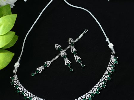 Mominos Fashion Johar Kamal Silver-Plated American Diamond Green Choker Set For Sale