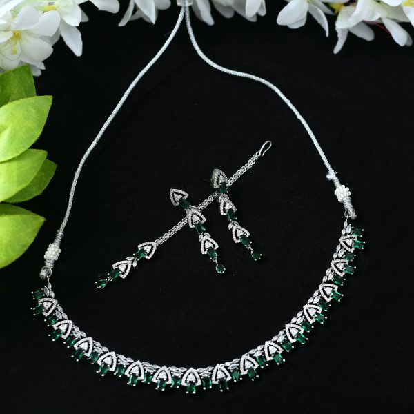 Mominos Fashion Johar Kamal Silver-Plated American Diamond Green Choker Set For Sale