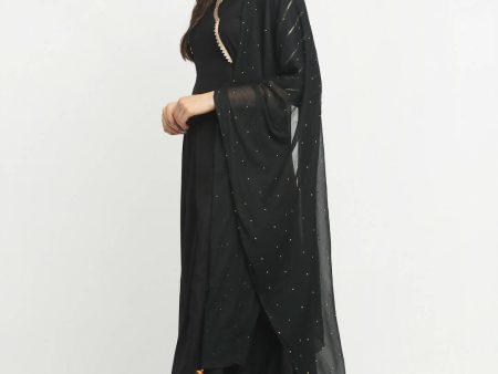 Rudra Bazaar Black Angrakha Style Flared Kurta with Pyjamas & Dupatta Fashion