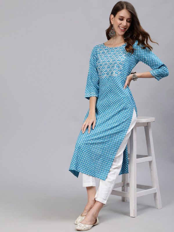 Jaipur Kurti Women Blue & White Floral Printed Kurta Hot on Sale