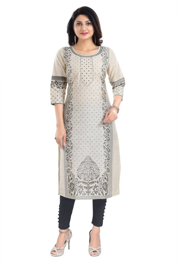 Snehal Creations Cream Raw Silk Block Print Long Kurta For Women Fashion