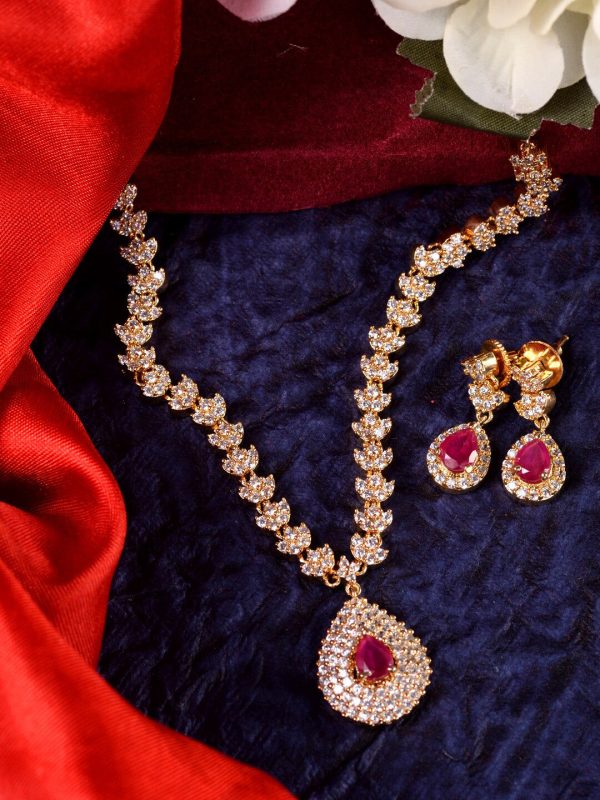 Saraf RS Jewellery Gold-Plated White & Red American Diamond Studded & Beaded Handcrafted Jewellery Set For Cheap