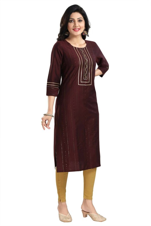 Snehal Creations Beautiful Brown Cotton Silk Designer Long Kurti Tunic With Sequines Embroidery Fashion