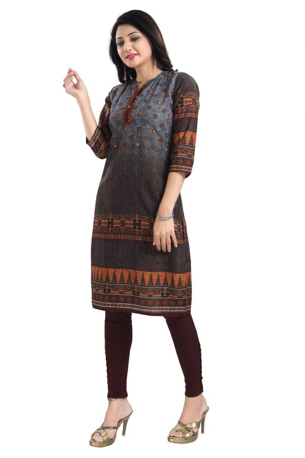 Snehal Creations Beautiful Brown Designer Print Cotton Slub Long Kurti Tunic Supply