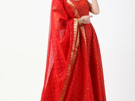 Cheera Women s Red Cotton Hand Block Print Long Dress With Silk Dupatta Set Hot on Sale