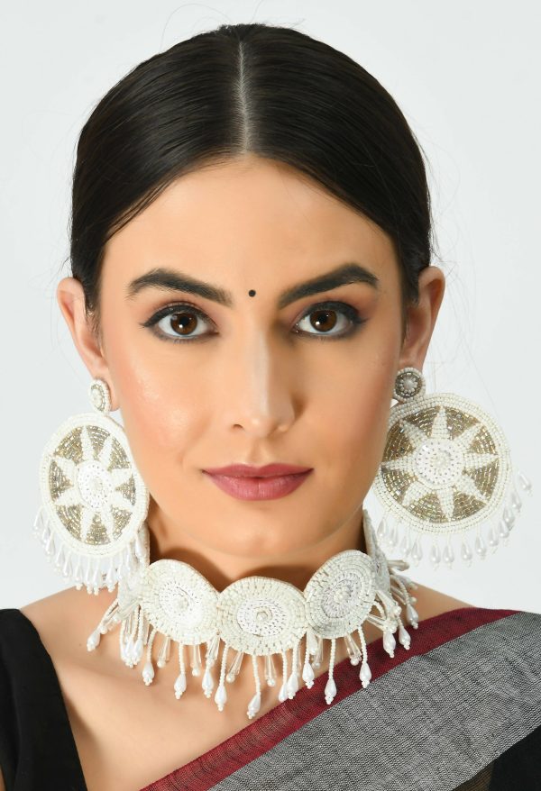 Mominos Fashion Johar Kamal Handicraft Off White Golden Pearls Necklace with Earrings For Women Online now