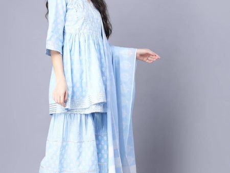 Myshka Cotton Printed 3 4 Sleeve V Neck Turquoise Blue Women Sharara Set Hot on Sale