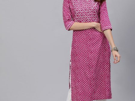 Jaipur Kurti Women Magenta Printed Straight Kurta With Embroidered Yoke Design Sale