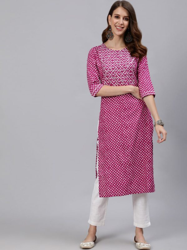 Jaipur Kurti Women Magenta Printed Straight Kurta With Embroidered Yoke Design Sale