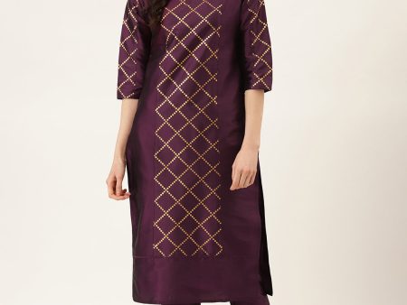 Jaipur Kurti Women Purple & Golden Printed Kurta with Trousers Online Hot Sale