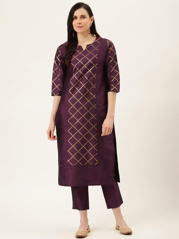 Jaipur Kurti Women Purple & Golden Printed Kurta with Trousers Online Hot Sale