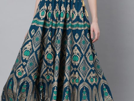 Jaipur Kurti Women Turquoise Blue & Gold-Coloured Printed Maxi-Length Skirt Fashion