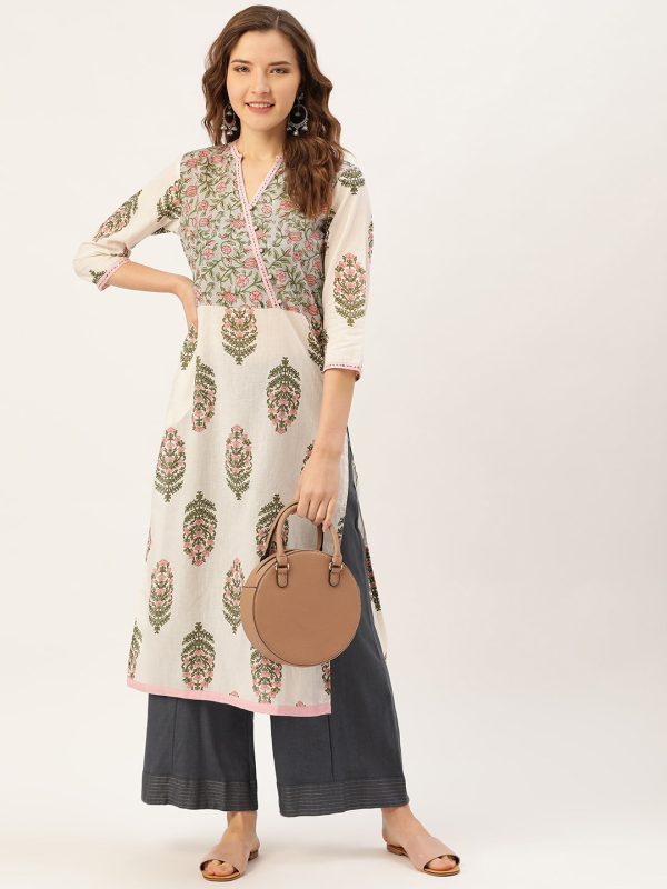 Jaipur Kurti Women Off-White & Pink Printed Straight Kurta Supply