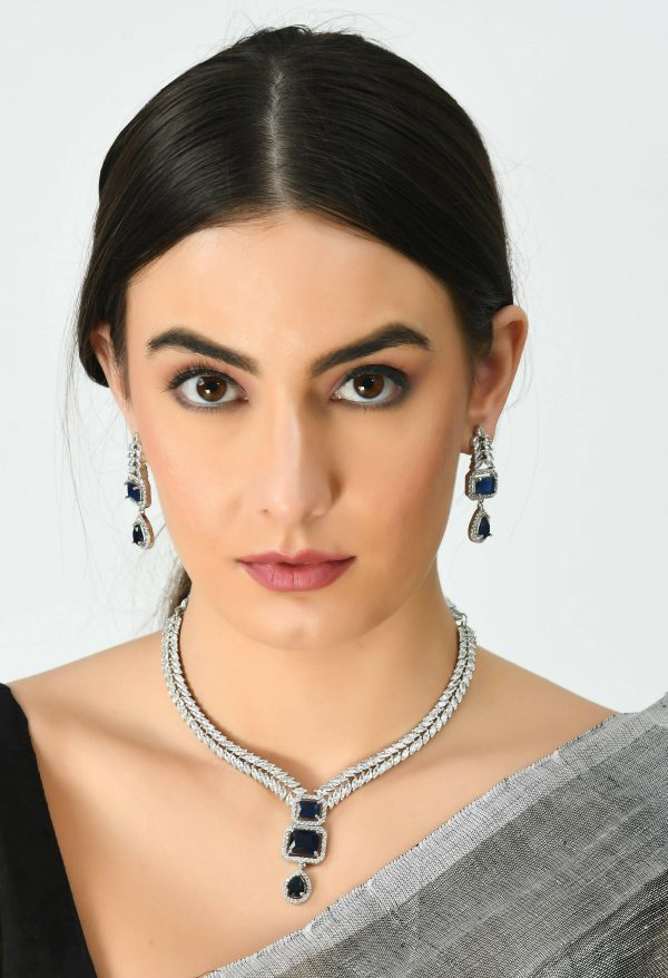 Mominos Fashion Johar Kamal Silver-Plated American Diamond Navy Blue Choker Set on Sale