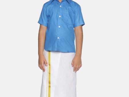 Sethukrishna Blue & White Solid Shirt with Veshti Set For Boys Supply