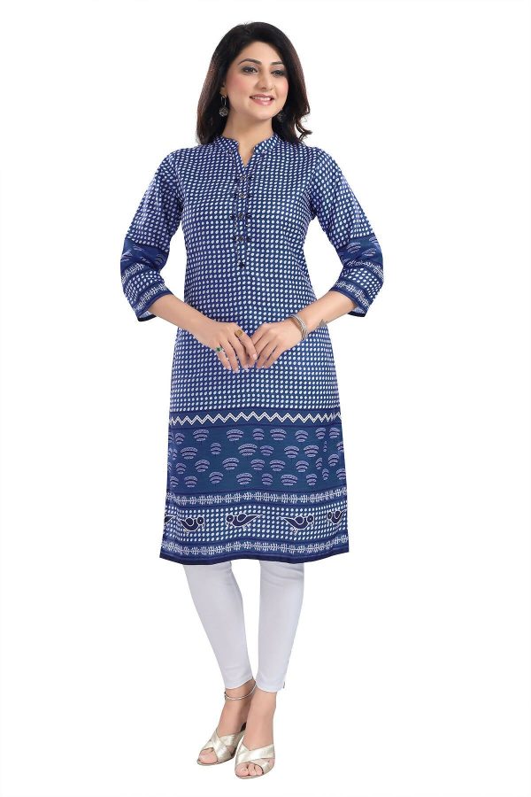 Snehal Creations Indigo Blue Designer Digital Print Cotton Slub Fabric Long Kurti Tunic For Discount