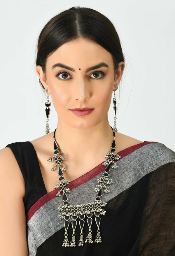 Mominos Fashion Johar Kamal Oxidised Silver-Plated Meenakari Long Necklace Set Supply