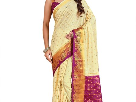 Mimosa Women s Beige Mysore Silk Crepe Saree Cheap