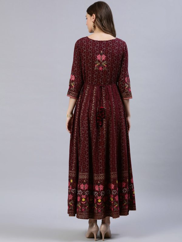 Jaipur Kurti Women Burgundy & Gold-Toned Floral Printed Anarkali Kurta Cheap