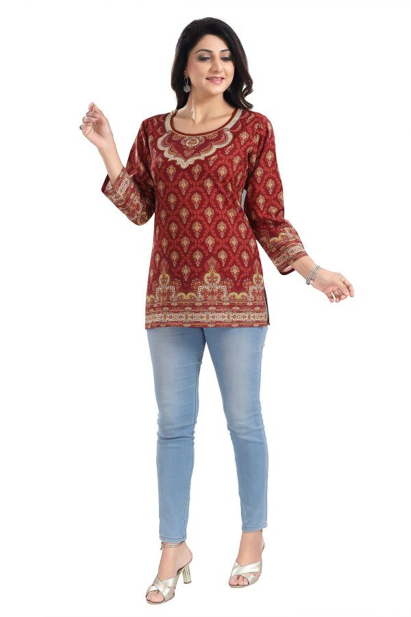 Snehal Creations Magical Maroon Printed Short Kurti Tunic Top For Discount