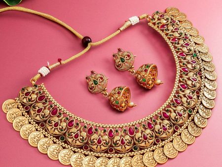 Aadita Gold-Plated Green & Pink Stone-Studded & Pearl Beaded Jewellery Set Fashion