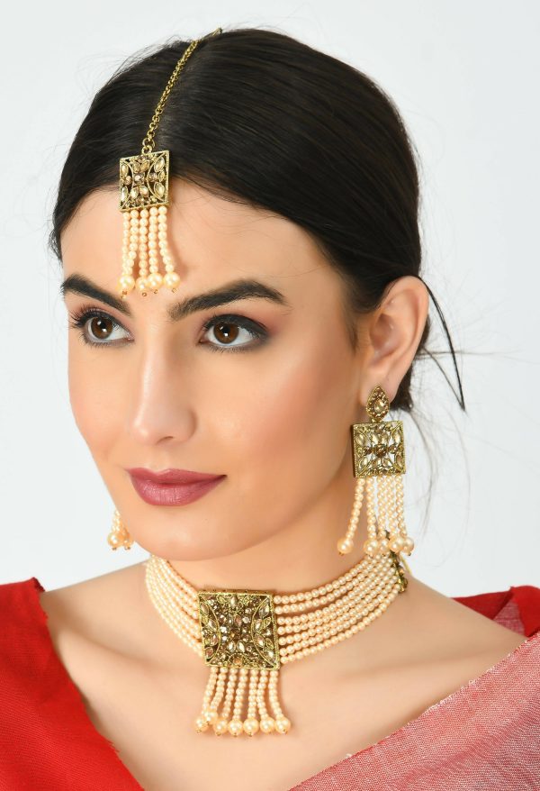 Mominos Fashion Johar Kamal Off White Color Kundan & Pearls Necklace Set on Sale