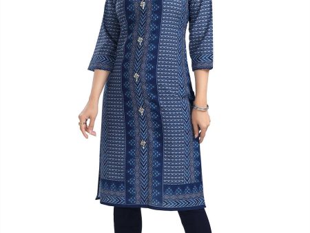 Snehal Creations Blue Designer Digital Print Cotton Slub Fabric Long Kurti Tunic For Sale