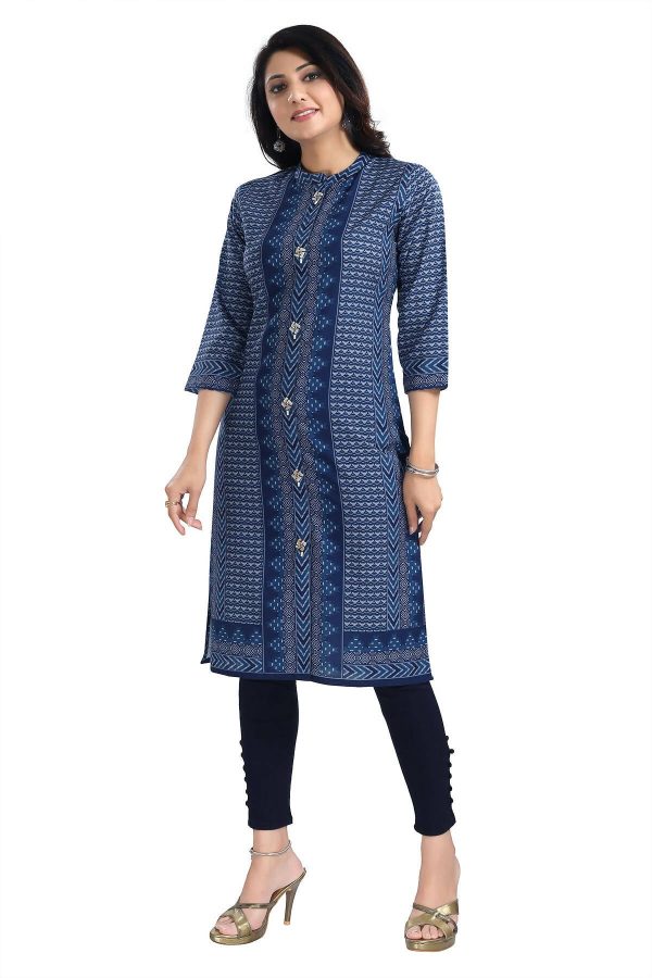 Snehal Creations Blue Designer Digital Print Cotton Slub Fabric Long Kurti Tunic For Sale