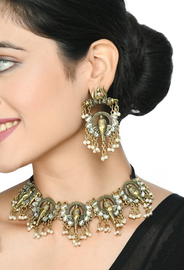 Mominos Fashion Johar Kamal Oxidised Gold-Plated Ganesha Design Necklace Choker Set Discount