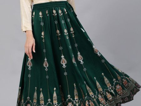 Jaipur Kurti Women Green & Peach-Colored Printed Flared Maxi Skirt For Discount