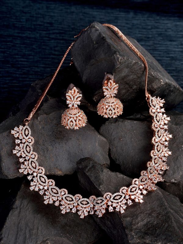 Saraf RS Jewellery Rose Gold-Plated & White AD & CZ-Studded Contemporary Jewellery Set Supply