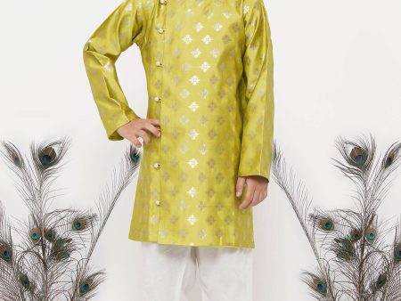 Little Bansi Boys Banarsi Silk Sherwani & Pyjama - Apple Green & Cream For Cheap