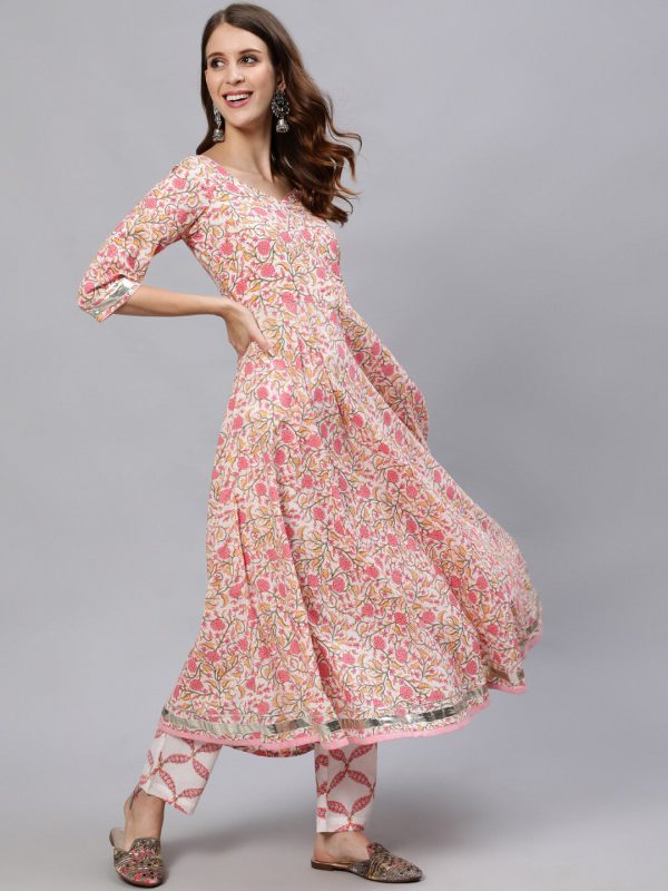 Jaipur Kurti Women Pink Floral Gotta Patti Pure Cotton Kurta with Trousers & Dupatta Hot on Sale