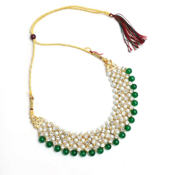 Mominos Fashion Johar Kamal Gold-Plated Rani Haar with Cream Green and Off white Pearls Jewellery Set For Discount