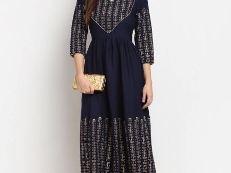 Rudra Bazaar Gold Printed A-line flared Blue kurti on Sale