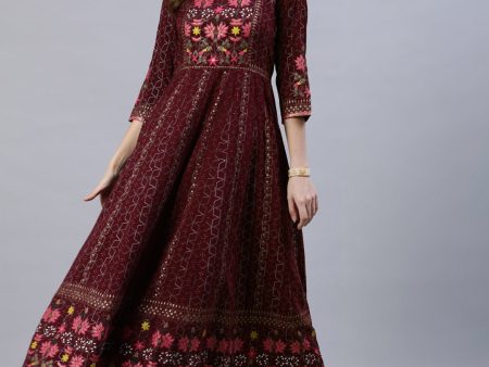 Jaipur Kurti Women Burgundy & Gold-Toned Floral Printed Anarkali Kurta Cheap