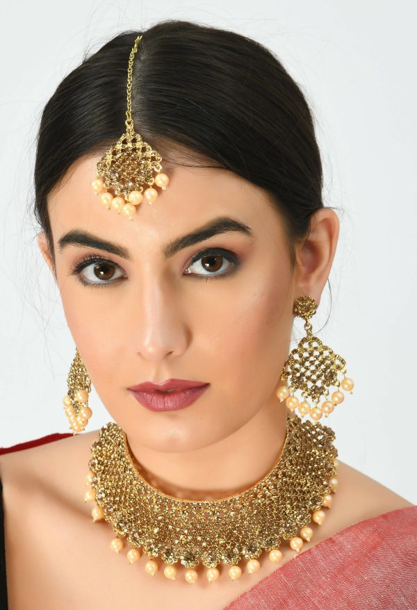 Mominos Fashion Johar Kamal Traditional Rajwadi Design Heavy Golden Color Necklace Set For Discount