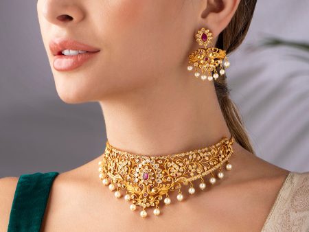 Rubans 22K Gold-Plated White & Pink Ruby & Stone-Studded Beaded Handcrafted Jewellery Set For Cheap