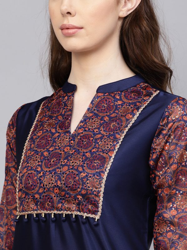 Jaipur Kurti Women Navy Blue Yoke Design Kurta with Trousers Online