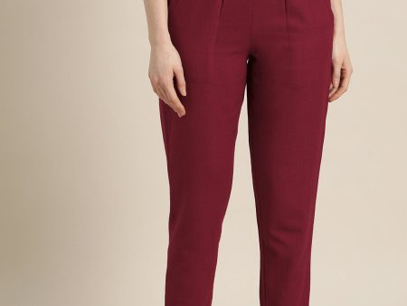 Jaipur Kurti Women Maroon Solid Cropped Easy Wash Regular Trousers Online now