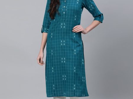 Jaipur Kurti Women Teal Checked Kurta Cheap