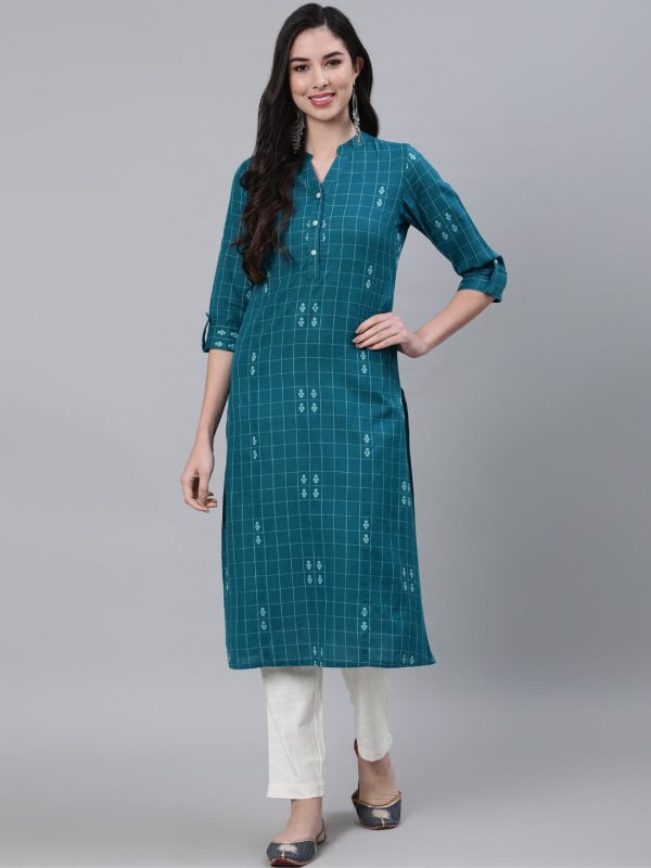 Jaipur Kurti Women Teal Checked Kurta Cheap