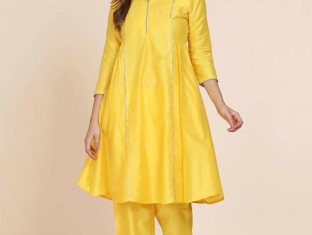 Cheera Women s Yellow Silk Blend With Gota Work Frock Dress With Silk Straight Pant Set For Cheap